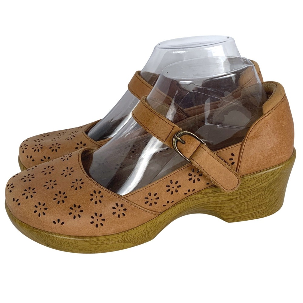 ALEGRIA PG Lite Leather Floral Perforated Mary Jane Wedge Shoes Sz 37 7-7.5 Tan
